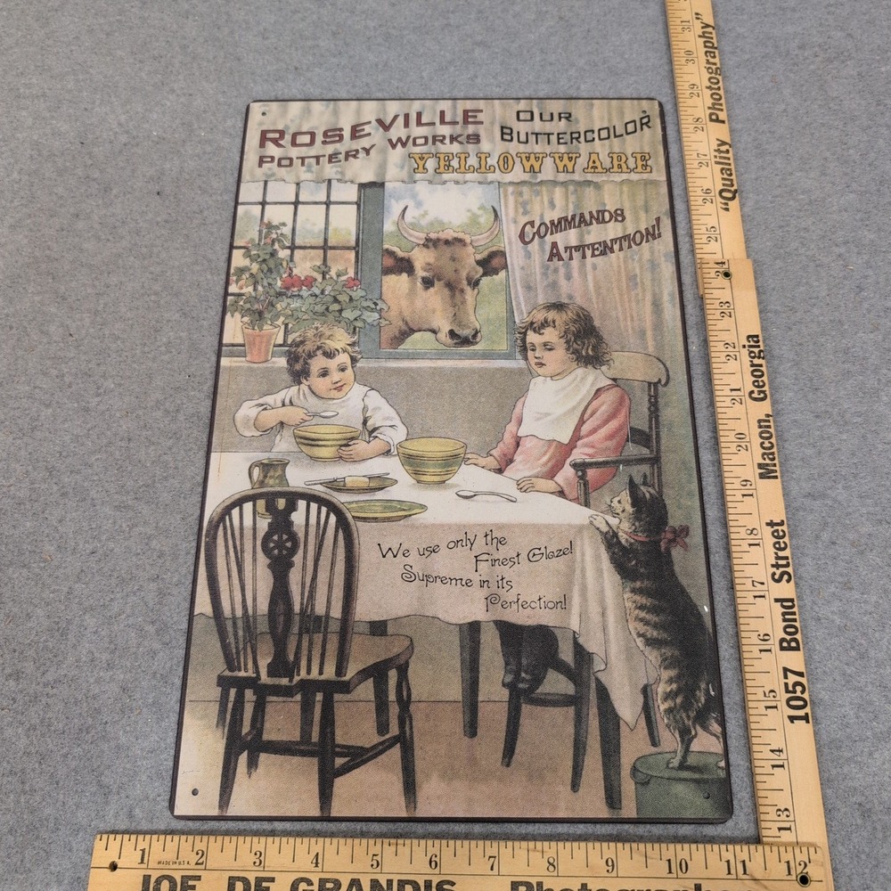 Roseville Pottery Works Buttercolor Yellowware Vintage Style Metal Tin Sign Art - Picture 2 of 3